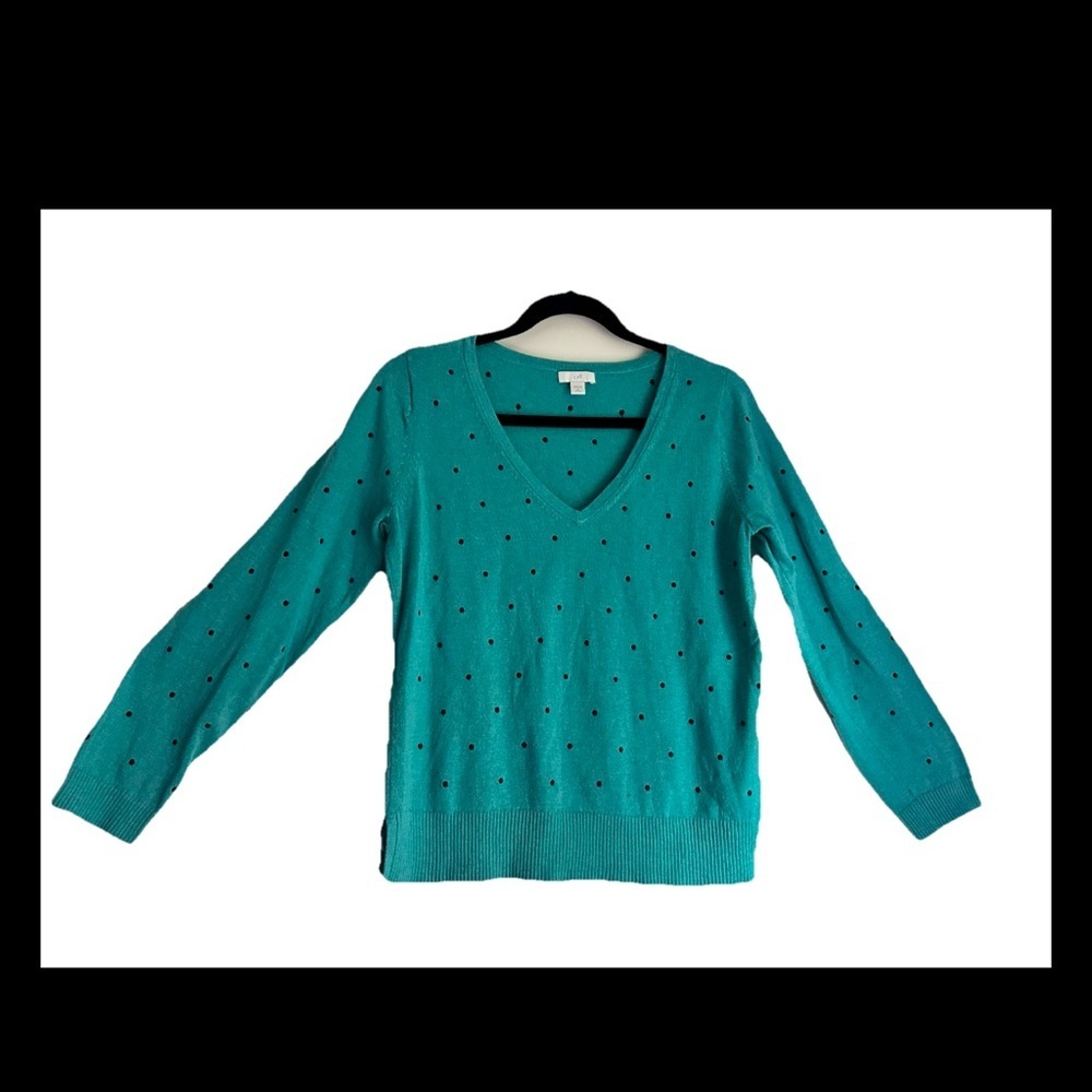 J JILL Women’s Turquoise Polkadot V-Neck Pullover Petite Sz S
